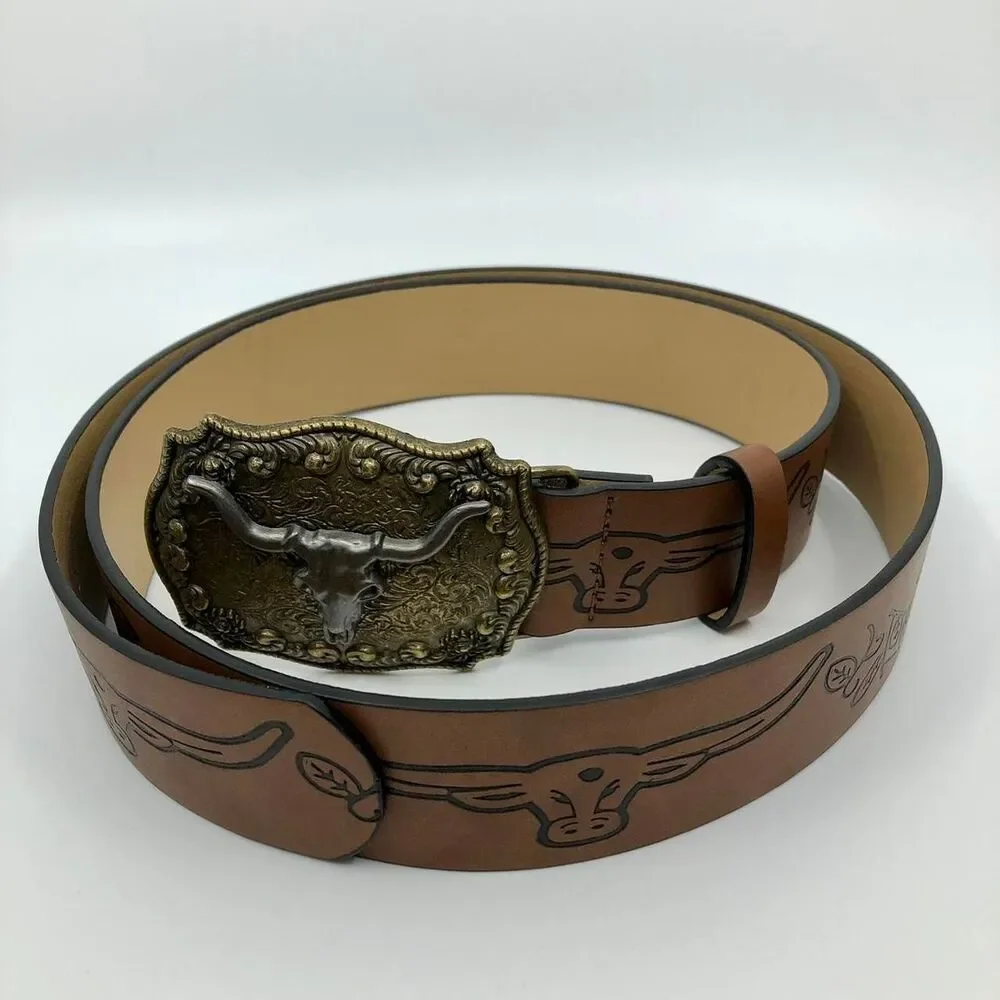 Women's Western Brown Belt w/ Big Longhorn Buckle, 31.5–40.5 Inches, X7G9A796